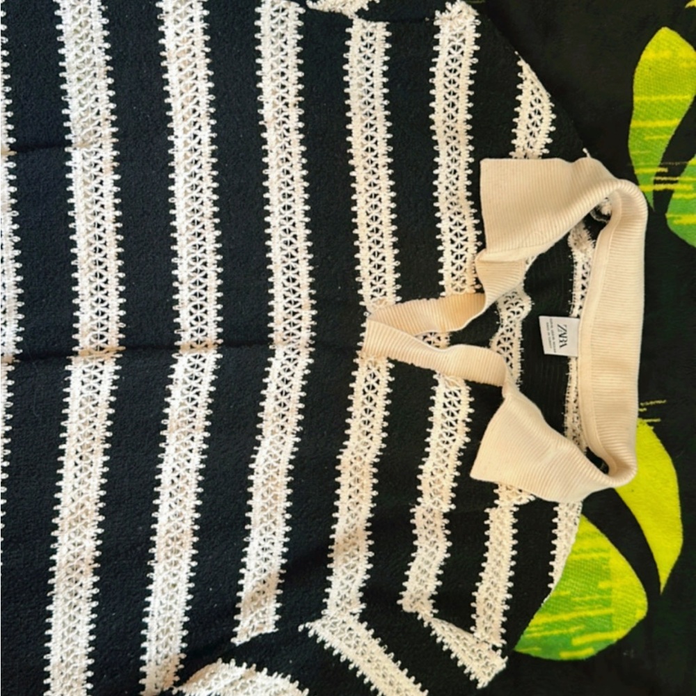 Zara Black and White Striped Crochet Textured Shirt